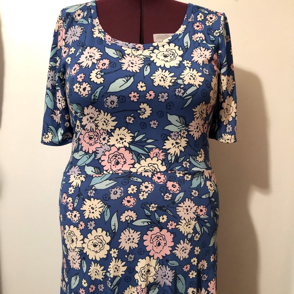 LuLaRoe Ana Blue Floral Maxi Dress with Pink and Cream Flowers